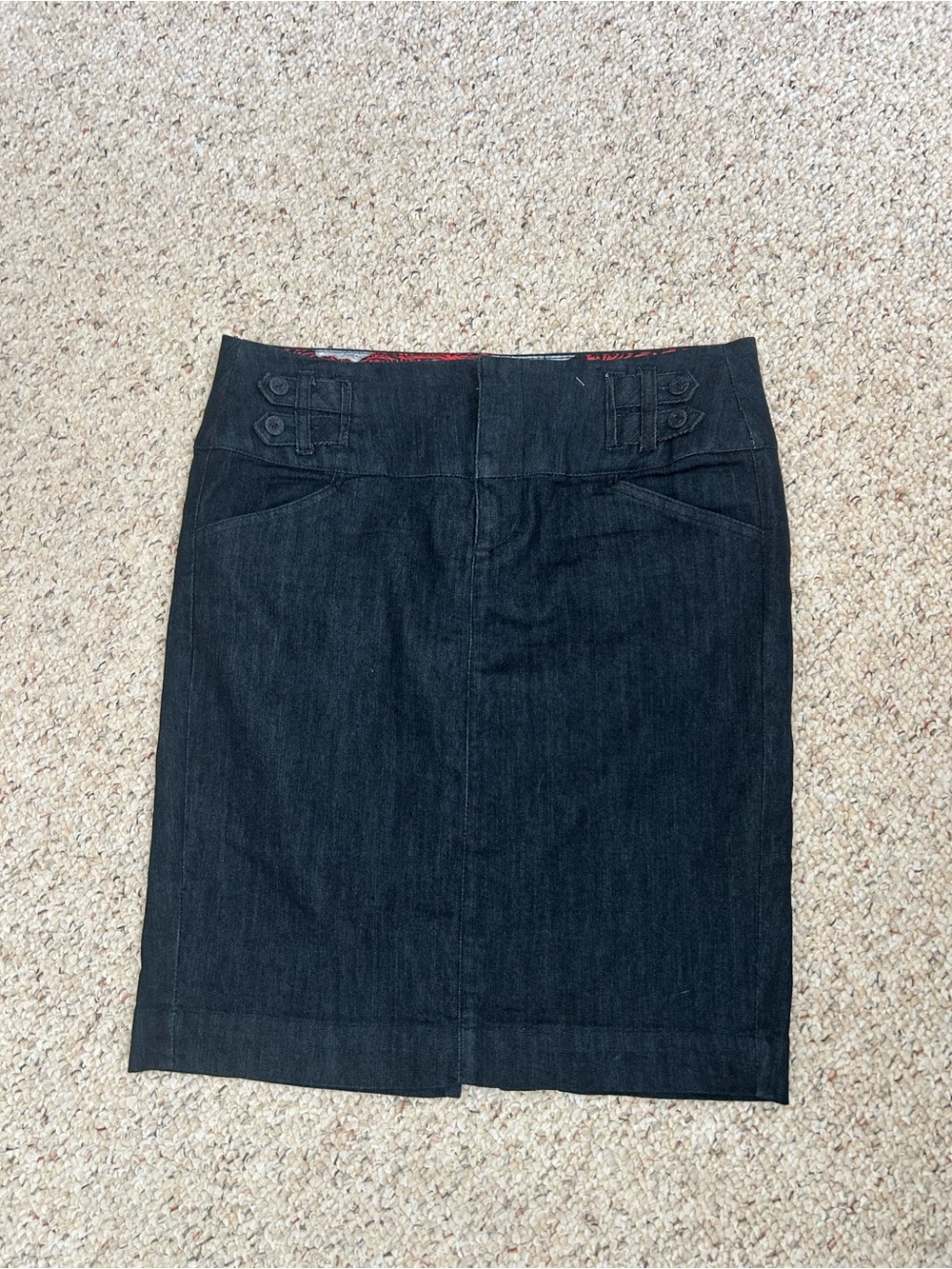 one 5 one Black Denim Pencil Skirt with Button Tab Detail